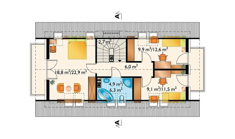 Antras Aukštas 1 – Namo projektas su mansarda 129 m², 4 Miegamieji — 38659R
