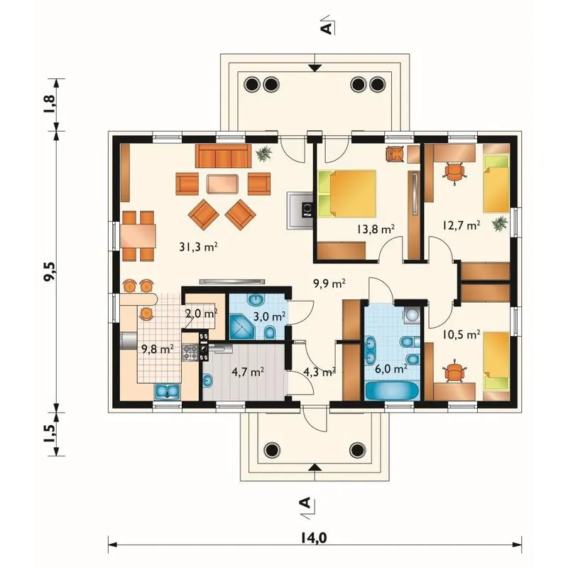 Pirmas Aukštas 1 – Vieno aukšto namo projektas 108 m², 3 Miegamieji — 14152R