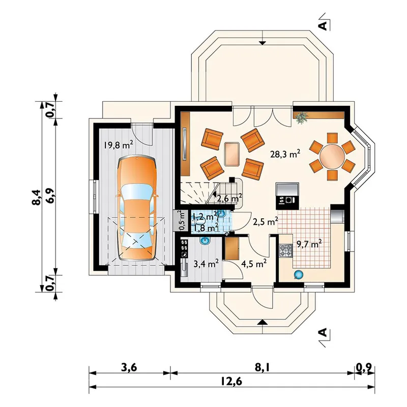 Pirmas Aukštas 1 – Namo projektas su mansarda 143 m², 3 Miegamieji — 18026R