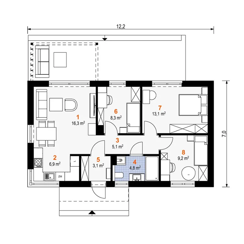 Pirmas Aukštas 1 – Vieno aukšto namo projektas 67 m², 3 Miegamieji — 77801R