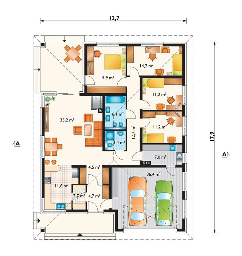 Pirmas Aukštas 1 – Vieno aukšto namo projektas 177 m², 4 Miegamieji — 99580R
