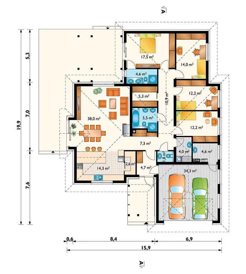 Pirmas Aukštas 1 – Vieno aukšto namo projektas 194 m², 4 Miegamieji — 78886R