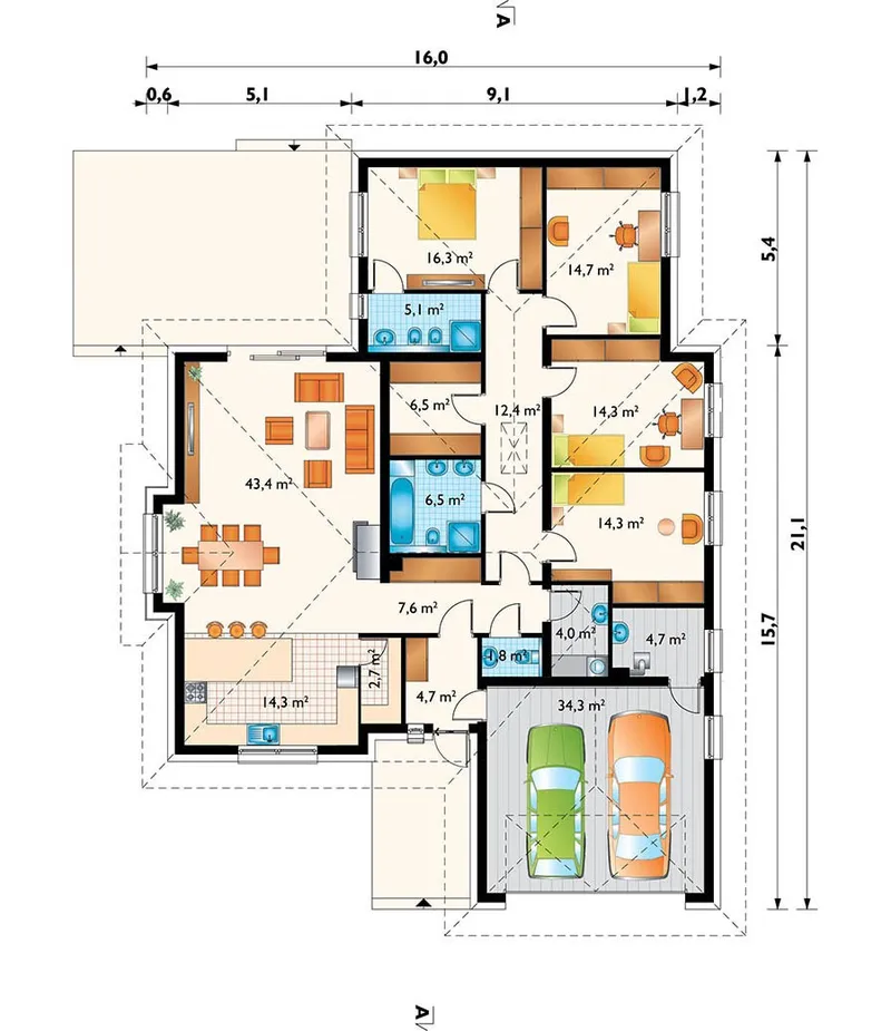 Pirmas Aukštas 1 – Vieno aukšto namo projektas 208 m², 4 Miegamieji — 13125R