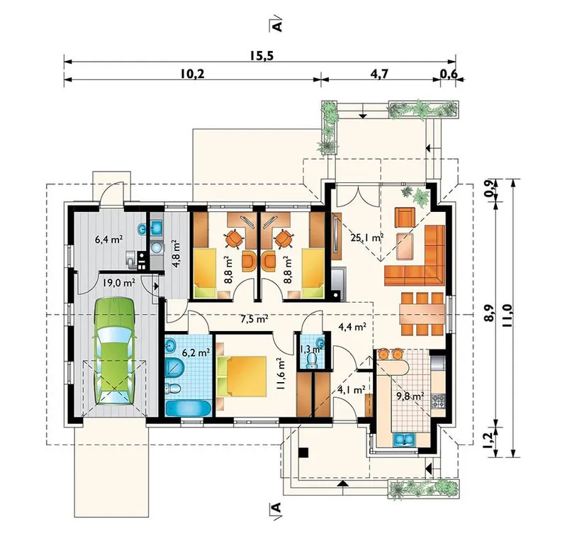 Pirmas Aukštas 1 – Vieno aukšto namo projektas 118 m², 3 Miegamieji — 42070R