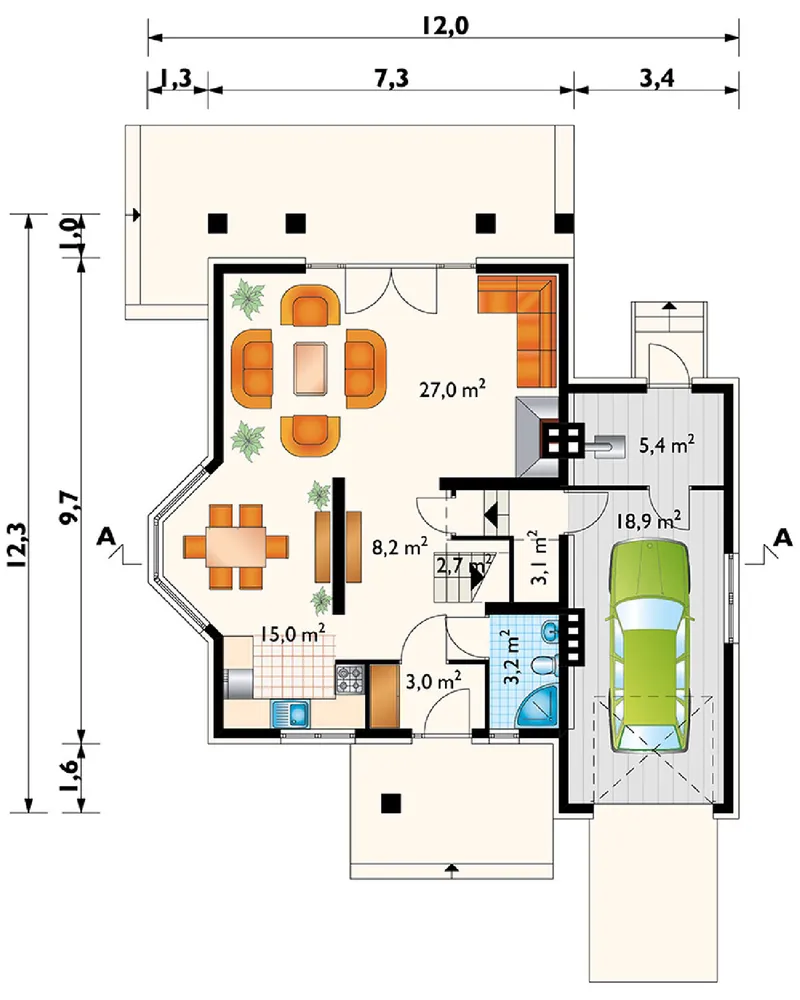 Pirmas Aukštas 1 – Namo projektas su mansarda 174 m², 4 Miegamieji — 23371R