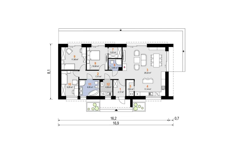 Pirmas Aukštas 1 – Vieno aukšto namo projektas 103 m², 3 Miegamieji — 52833R
