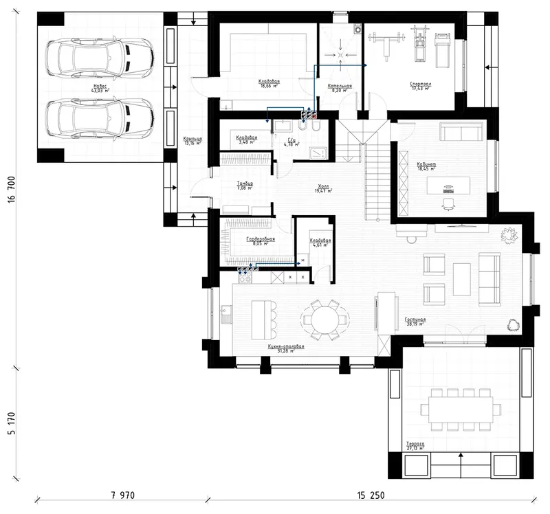 Pirmas Aukštas 11 – Dviejų aukštų namo projektas 339 m², 5 Miegamieji — 50383R