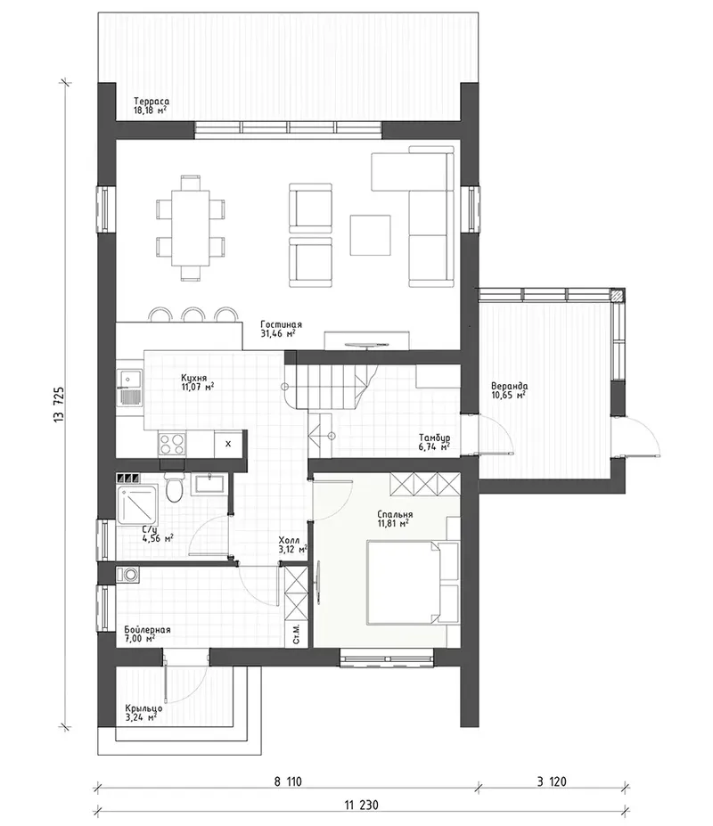 Pirmas Aukštas 9 – Namo projektas su mansarda 164 m², 3 Miegamieji — 19402R