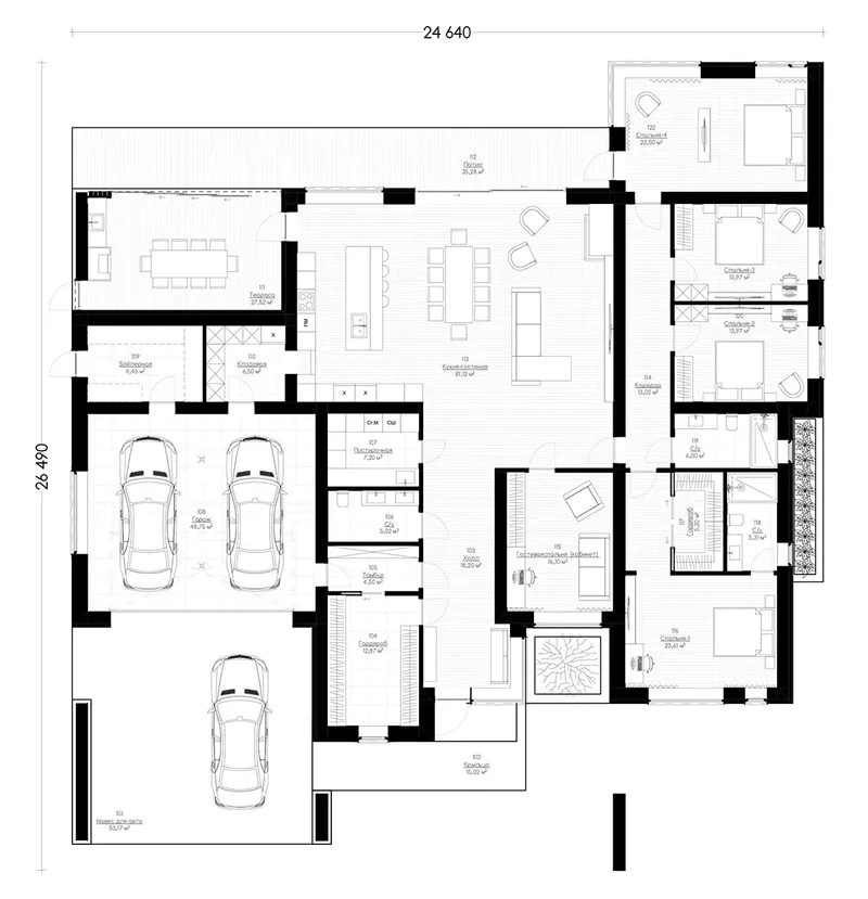Pirmas Aukštas 10 – Vieno aukšto namo projektas 313 m², 4 Miegamieji — 50885R