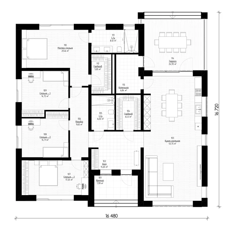 Pirmas Aukštas 9 – Vieno aukšto namo projektas 179 m², 4 Miegamieji — 43843R