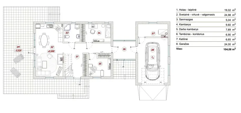 Pirmas Aukštas 1 – Namo projektas su mansarda 127 m², 2 Miegamieji — 63224R