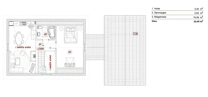 Antras Aukštas 1 – Namo projektas su mansarda 127 m², 2 Miegamieji — 63224R