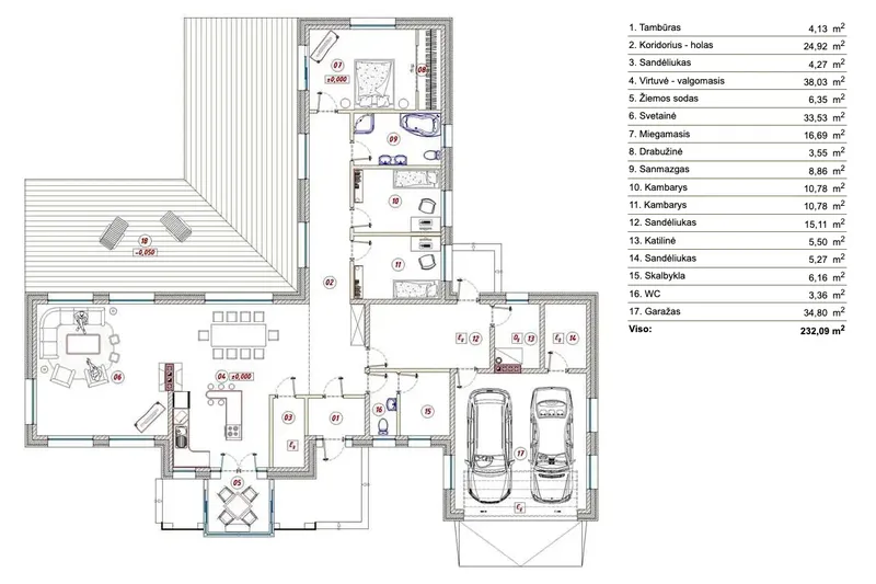 Pirmas Aukštas 5 – Vieno aukšto namo projektas 232 m², 3 Miegamieji — 51244R