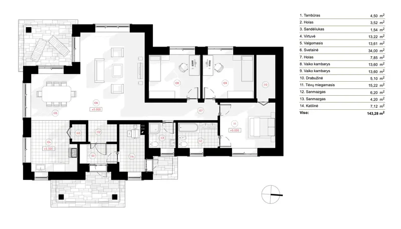 Pirmas Aukštas 6 – Vieno aukšto namo projektas 143 m², 3 Miegamieji — 94462R