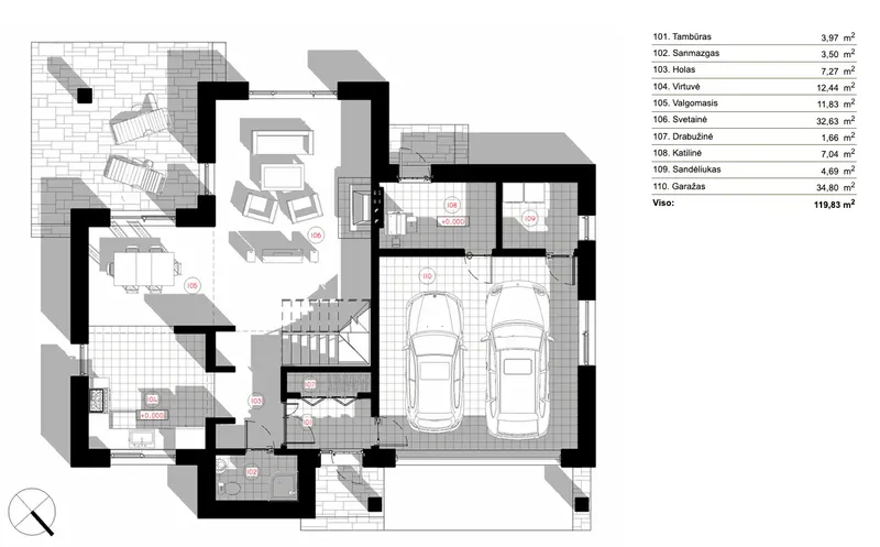 Pirmas Aukštas 5 – Dviejų aukštų namo projektas 179 m², 3 Miegamieji — 91452R