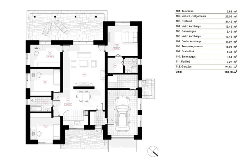 Pirmas Aukštas 6 – Vieno aukšto namo projektas 161 m², 3 Miegamieji — 97310R