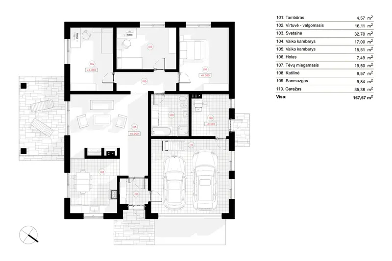 Pirmas Aukštas 6 – Vieno aukšto namo projektas 168 m², 3 Miegamieji — 52166R