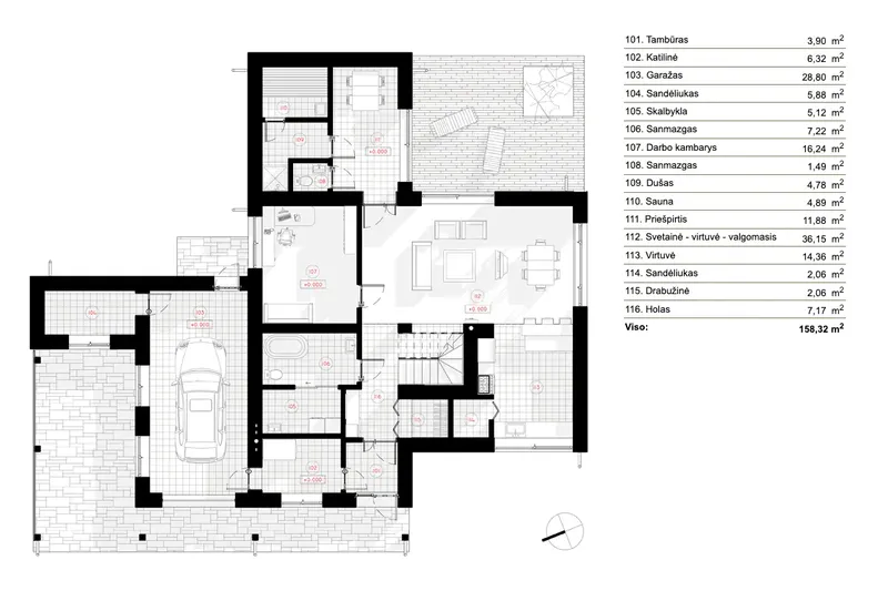 Pirmas Aukštas 7 – Dviejų aukštų namo projektas 215 m², 2 Miegamieji — 50075R