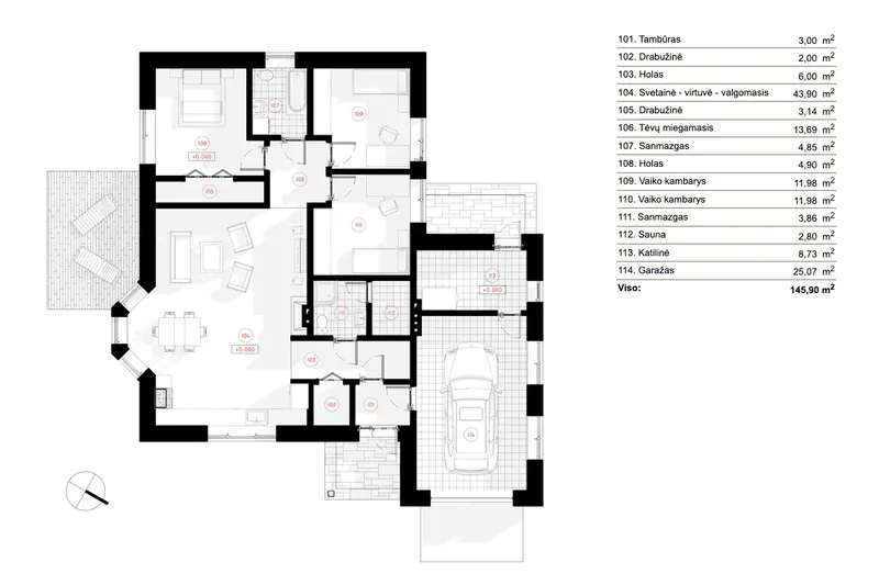 Pirmas Aukštas 7 – Vieno aukšto namo projektas 146 m², 3 Miegamieji — 59570R