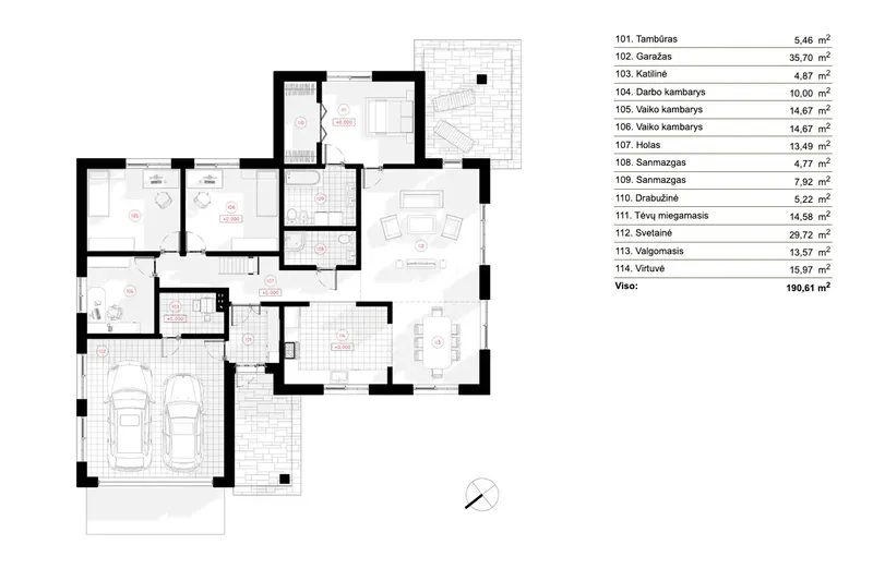 Pirmas Aukštas 6 – Vieno aukšto namo projektas 191 m², 3 Miegamieji — 32957R