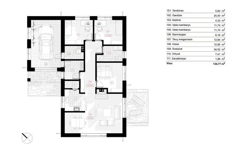 Pirmas Aukštas 7 – Vieno aukšto namo projektas 135 m², 3 Miegamieji — 90600R