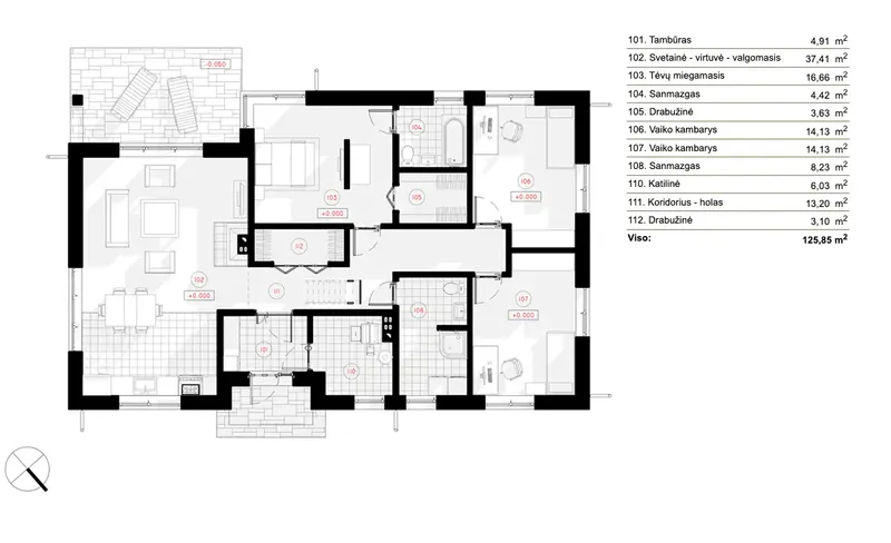 Pirmas Aukštas 8 – Vieno aukšto namo projektas 126 m², 3 Miegamieji — 67348R