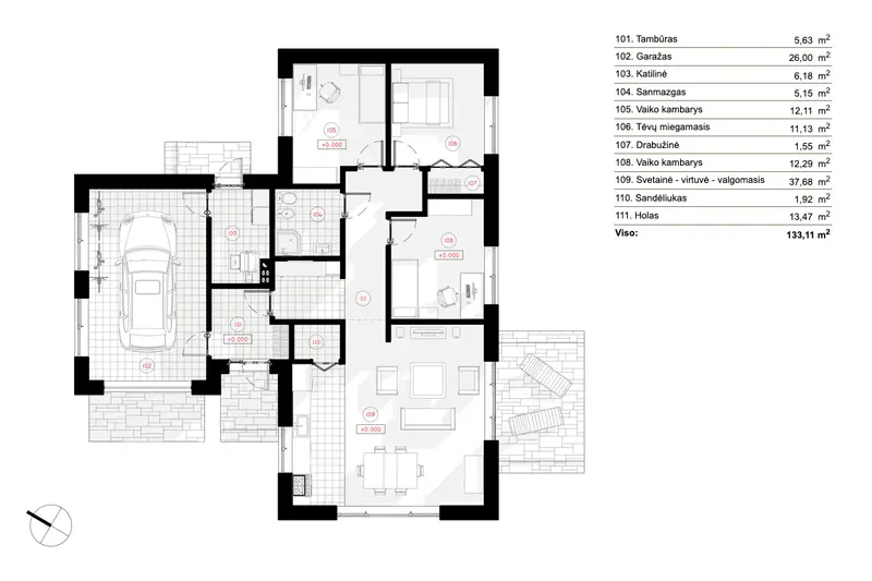 Pirmas Aukštas 8 – Vieno aukšto namo projektas 133 m², 3 Miegamieji — 88254R