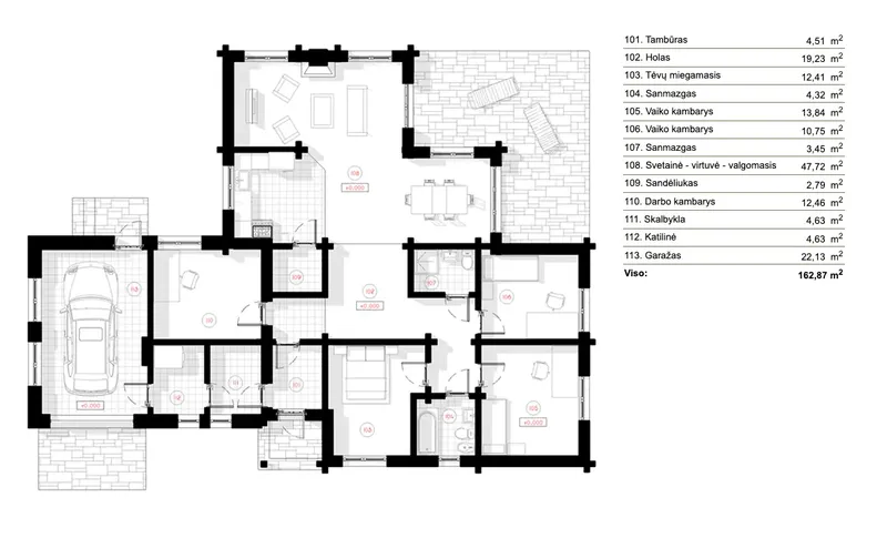 Pirmas Aukštas 6 – Vieno aukšto namo projektas 163 m², 4 Miegamieji — 92129R