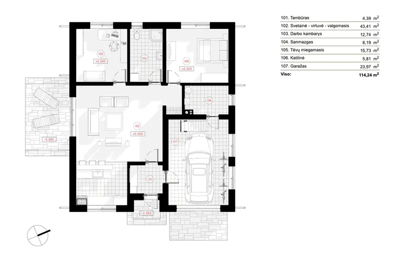 Pirmas Aukštas 7 – Vieno aukšto namo projektas 114 m², 2 Miegamieji — 16746R
