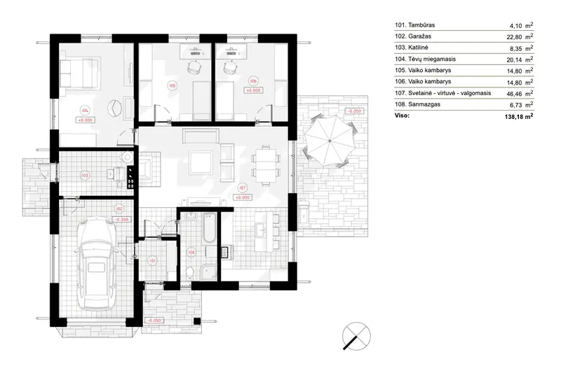 Pirmas Aukštas 6 – Vieno aukšto namo projektas 138 m², 3 Miegamieji — 79379R