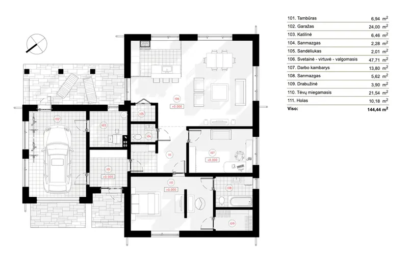 Pirmas Aukštas 6 – Vieno aukšto namo projektas 144 m², 2 Miegamieji — 96363R