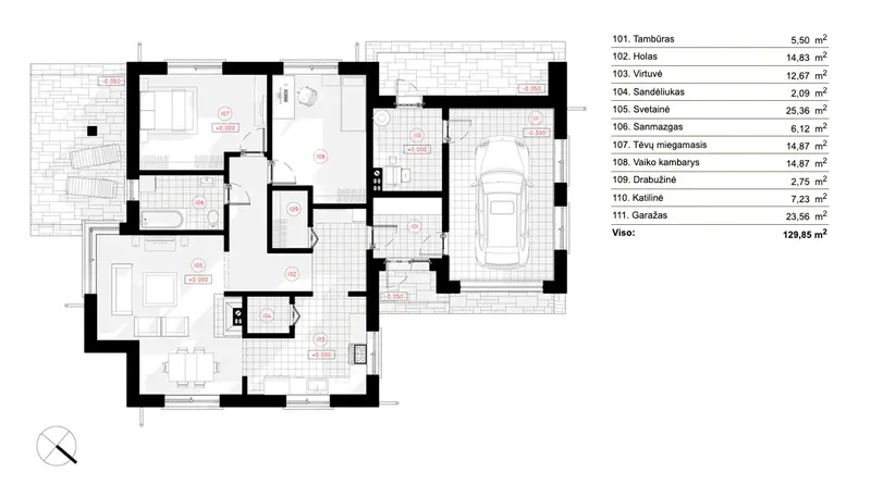 Pirmas Aukštas 6 – Vieno aukšto namo projektas 130 m², 2 Miegamieji — 90761R