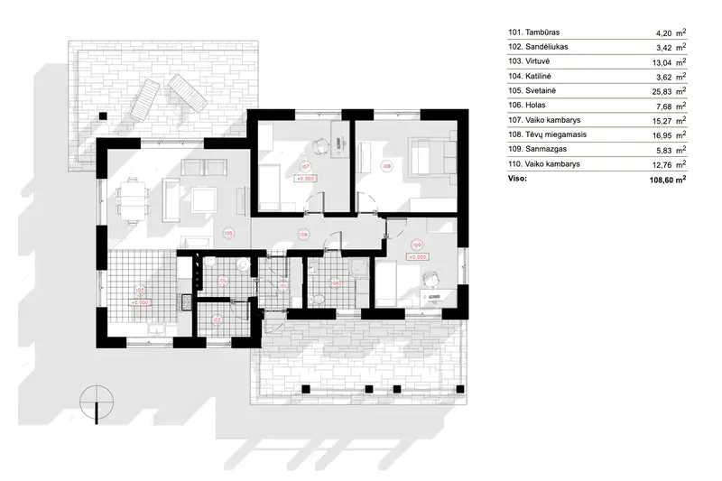 Pirmas Aukštas 6 – Vieno aukšto namo projektas 109 m², 3 Miegamieji — 27512R