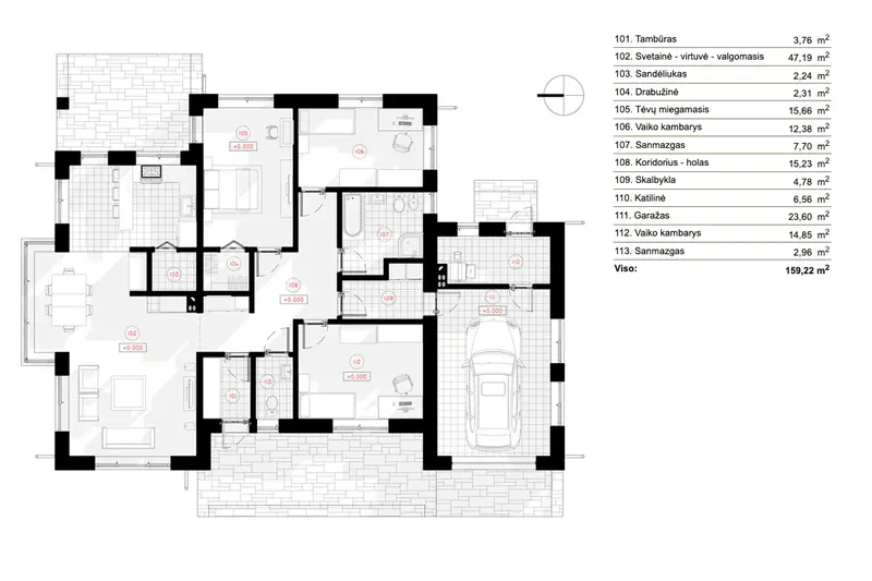 Pirmas Aukštas 6 – Vieno aukšto namo projektas 159 m², 3 Miegamieji — 16906R