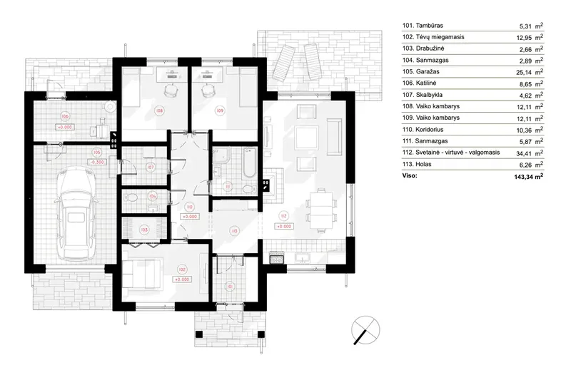 Pirmas Aukštas 6 – Vieno aukšto namo projektas 143 m², 3 Miegamieji — 19533R