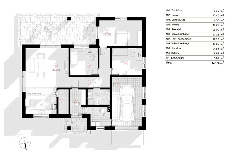 Pirmas Aukštas 6 – Vieno aukšto namo projektas 146 m², 3 Miegamieji — 53687R