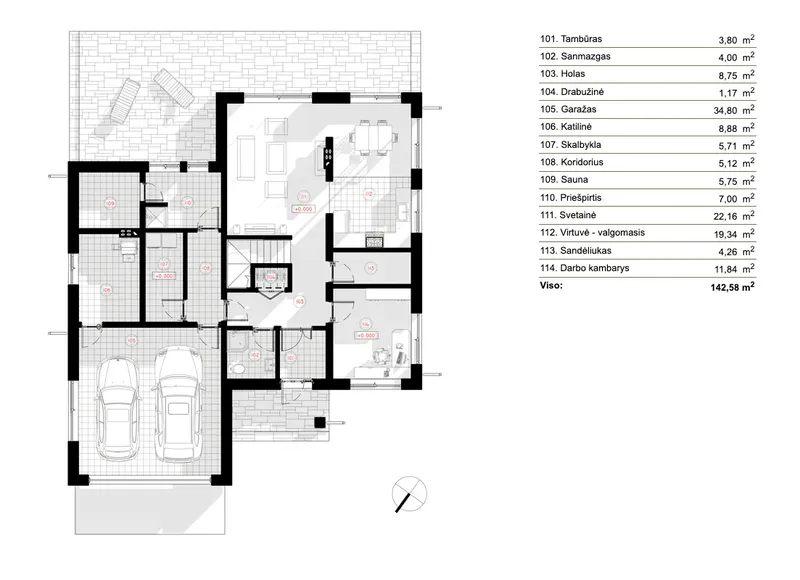 Pirmas Aukštas 6 – Dviejų aukštų namo projektas 216 m², 3 Miegamieji — 96016R