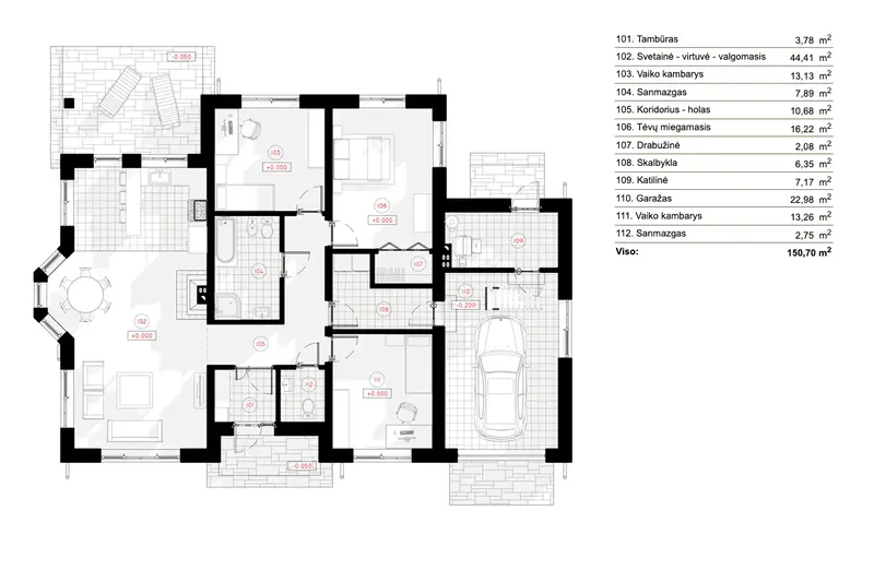 Pirmas Aukštas 6 – Vieno aukšto namo projektas 151 m², 3 Miegamieji — 82442R