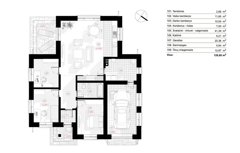 Pirmas Aukštas 6 – Vieno aukšto namo projektas 121 m², 2 Miegamieji — 43112R