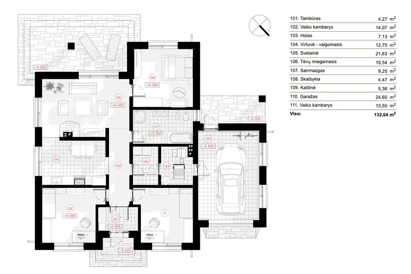 Pirmas Aukštas 5 – Vieno aukšto namo projektas 133 m², 3 Miegamieji — 15490R