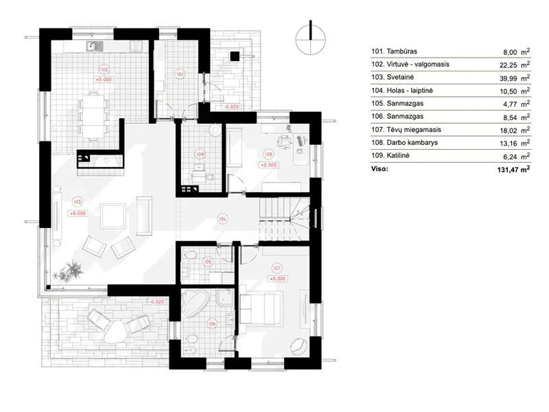 Pirmas Aukštas 6 – Dviejų aukštų namo projektas 190 m², 4 Miegamieji — 68823R