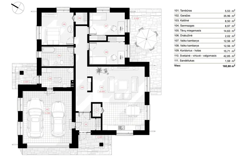 Pirmas Aukštas 6 – Vieno aukšto namo projektas 161 m², 3 Miegamieji — 47581R