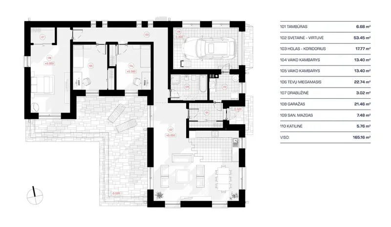 Pirmas Aukštas 1 – Vieno aukšto namo projektas 165 m², 3 Miegamieji — 89602R