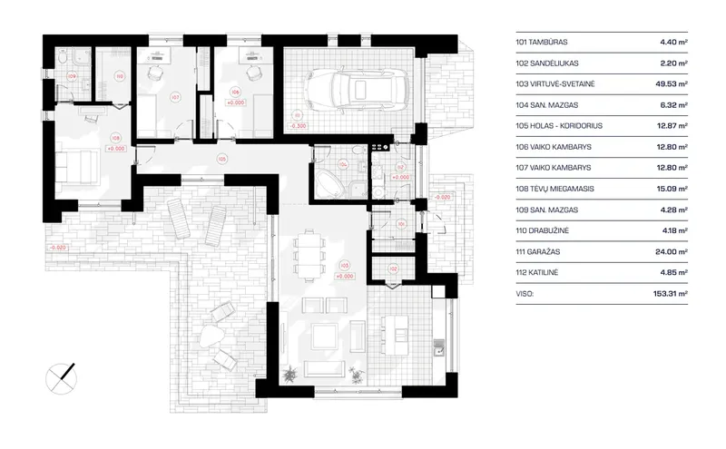 Pirmas Aukštas 11 – Vieno aukšto namo projektas 153 m², 3 Miegamieji — 31124R