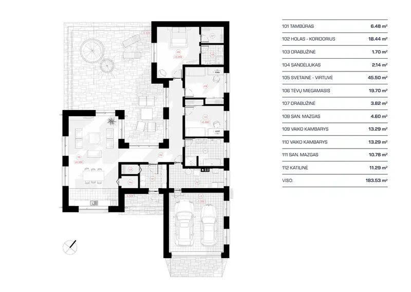 Pirmas Aukštas 11 – Vieno aukšto namo projektas 184 m², 3 Miegamieji — 44569R