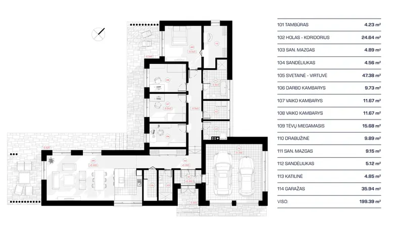 Pirmas Aukštas 11 – Vieno aukšto namo projektas 199 m², 3 Miegamieji — 12971R