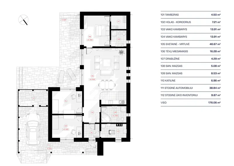 Pirmas Aukštas 11 – Vieno aukšto namo projektas 127 m², 3 Miegamieji — 95351R