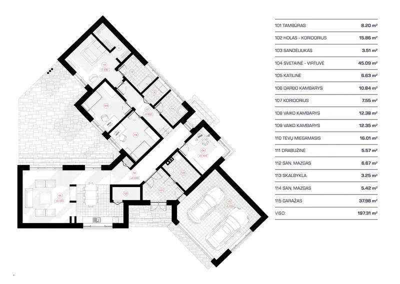 Pirmas Aukštas 11 – Vieno aukšto namo projektas 197 m², 3 Miegamieji — 73604R