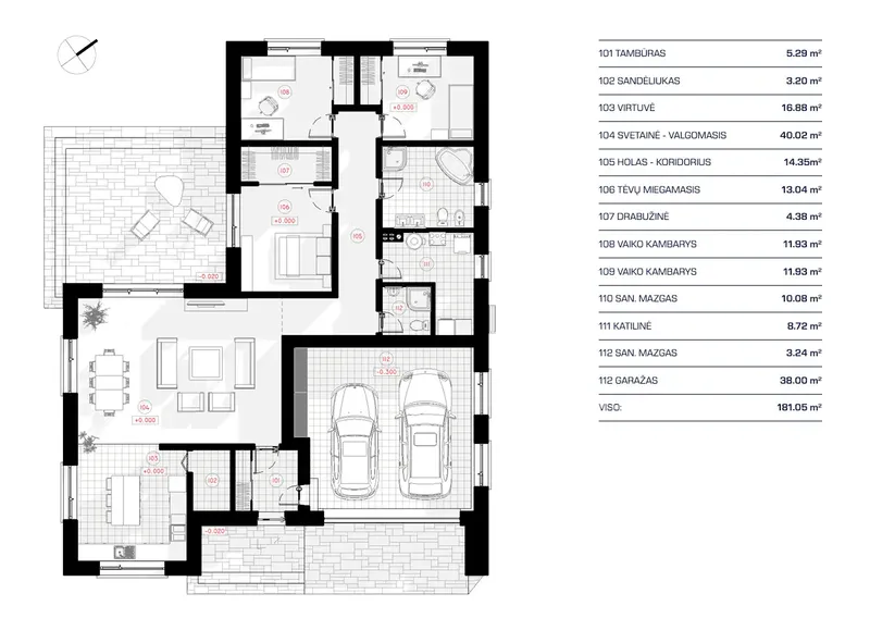 Pirmas Aukštas 11 – Vieno aukšto namo projektas 181 m², 3 Miegamieji — 41580R
