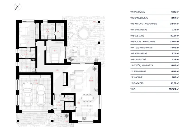 Pirmas Aukštas 11 – Vieno aukšto namo projektas 192 m², 2 Miegamieji — 81532R